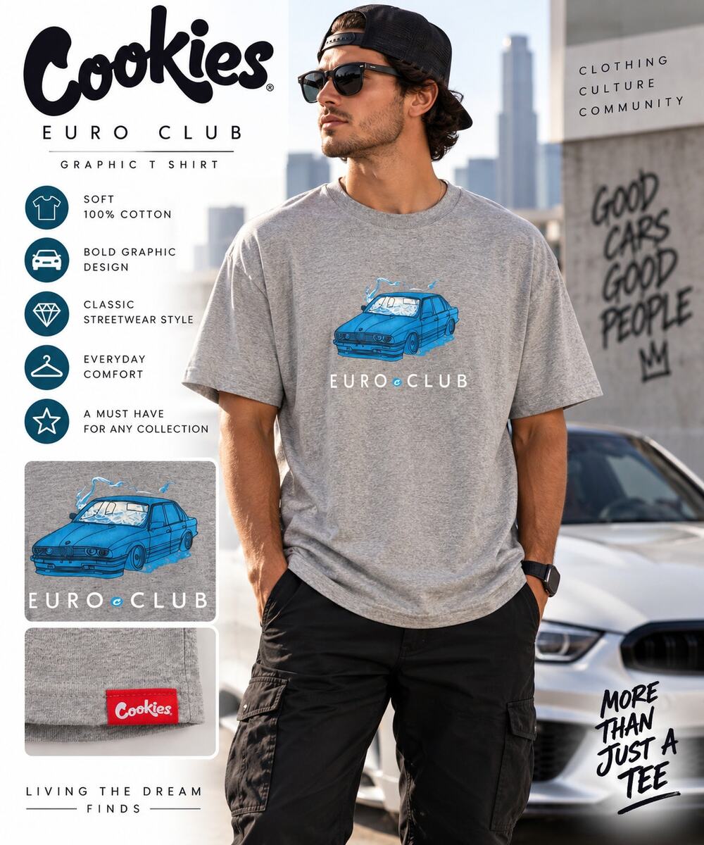 Cookies Euro Club Car Graphic Gray T Shirt 100% Cotton Streetwear XL